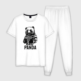 Мужская пижама хлопок с принтом Плохая панда в Екатеринбурге, 100% хлопок | брюки и футболка прямого кроя, без карманов, на брюках мягкая резинка на поясе и по низу штанин
 | Тематика изображения на принте: bad | panda | заключенный | медведь | наручники | панда