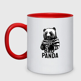 Кружка двухцветная с принтом Плохая панда в Екатеринбурге, керамика | объем — 330 мл, диаметр — 80 мм. Цветная ручка и кайма сверху, в некоторых цветах — вся внутренняя часть | bad | panda | заключенный | медведь | наручники | панда