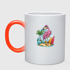 Кружка хамелеон с принтом Фламинго на пляже в Екатеринбурге, керамика | меняет цвет при нагревании, емкость 330 мл | beach | palm | sea | summer | волны | жара | летние | лето | море | пальмы | пляж | серфинг | фламинго