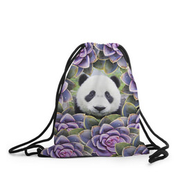 Рюкзак-мешок 3D с принтом Панда среди цветов в Екатеринбурге, 100% полиэстер | плотность ткани — 200 г/м2, размер — 35 х 45 см; лямки — толстые шнурки, застежка на шнуровке, без карманов и подкладки | flower | flowers | panda | панда | цветы