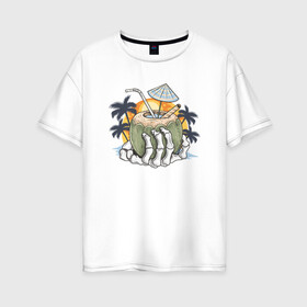 Женская футболка хлопок Oversize с принтом Тропический коктейль в Екатеринбурге, 100% хлопок | свободный крой, круглый ворот, спущенный рукав, длина до линии бедер
 | beach | palm | sea | summer | волны | жара | коктейль | летние | лето | море | пальмы | пляж | тропический
