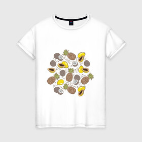 Женская футболка хлопок с принтом ананас папайя кокос в Екатеринбурге, 100% хлопок | прямой крой, круглый вырез горловины, длина до линии бедер, слегка спущенное плечо | ананас | ананасик | веган | вегетарианец | вегетарианство | здоровое питание | кокос | надписи | папайя | папая | рисунок | фрукты | фруторианец | фруторианство | экзотические