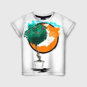 Детская футболка 3D с принтом Дерево (рисунок красками) в Екатеринбурге, 100% гипоаллергенный полиэфир | прямой крой, круглый вырез горловины, длина до линии бедер, чуть спущенное плечо, ткань немного тянется | дерево | зеленый | зелень | искусство | краски | оранжевый | пейзаж | растение | рисунок | современный дизайн | современный стиль | солнце
