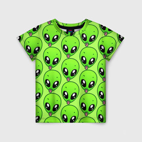 Детская футболка 3D с принтом Инопланетяне в Екатеринбурге, 100% гипоаллергенный полиэфир | прямой крой, круглый вырез горловины, длина до линии бедер, чуть спущенное плечо, ткань немного тянется | Тематика изображения на принте: детская | зелёный человек | инопланетяне | инопланетянин | кислотно зеленая | летняя | лето | нло | пришелец | пришельцы | солнце | язык