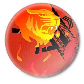 Значок с принтом Огненный лев в Екатеринбурге,  металл | круглая форма, металлическая застежка в виде булавки | красный | лев | линии | огненный | огонь | пламя | рисунки