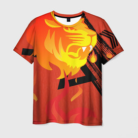 Мужская футболка 3D с принтом Огненный лев в Екатеринбурге, 100% полиэфир | прямой крой, круглый вырез горловины, длина до линии бедер | красный | лев | линии | огненный | огонь | пламя | рисунки