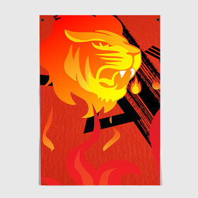 Постер с принтом Огненный лев в Екатеринбурге, 100% бумага
 | бумага, плотность 150 мг. Матовая, но за счет высокого коэффициента гладкости имеет небольшой блеск и дает на свету блики, но в отличии от глянцевой бумаги не покрыта лаком | красный | лев | линии | огненный | огонь | пламя | рисунки