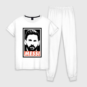 Женская пижама хлопок с принтом Obey Messi в Екатеринбурге, 100% хлопок | брюки и футболка прямого кроя, без карманов, на брюках мягкая резинка на поясе и по низу штанин | argentina | barca | barcelona | football | lionel | messi | spain | sport | аргентина | барса | барселона | гол | золотой мяч | игрок | испания | камп ноу | лионель | месси | мяч | спорт | тренер | футбол | чемпион | чемпионат