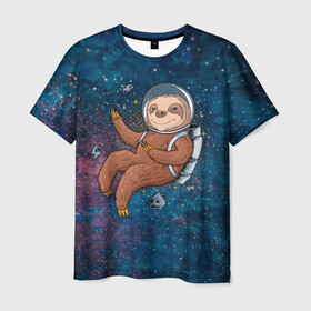 Мужская футболка 3D с принтом Милый ленивец в космосе в Екатеринбурге, 100% полиэфир | прямой крой, круглый вырез горловины, длина до линии бедер | nasa | космонавт | космос | ленивец | метеориты | милый | наса