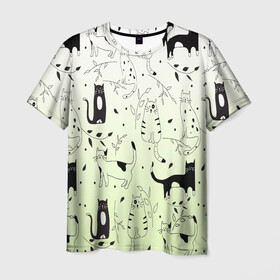Мужская футболка 3D с принтом узор простые рисунки котов в Екатеринбурге, 100% полиэфир | прямой крой, круглый вырез горловины, длина до линии бедер | ветеринару | градиент | коты | котята | кошатнику | кошки | любителю кошек | мило | минимализм | мяу | примитив | рисованные котики | рисунок