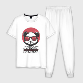 Мужская пижама хлопок с принтом Japan Kingdom of Pandas в Екатеринбурге, 100% хлопок | брюки и футболка прямого кроя, без карманов, на брюках мягкая резинка на поясе и по низу штанин
 | art | japanese | panda | retro look | style | vintage look | арт | винтаж | винтажный стиль | кингдом | королевство | королевство панд | крутая панда в очках | панда | пандочка | ретро стиль | рисунок панды | япония | 