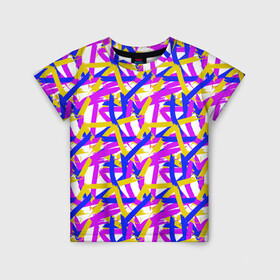 Детская футболка 3D с принтом абстракция из ярких полос в Екатеринбурге, 100% гипоаллергенный полиэфир | прямой крой, круглый вырез горловины, длина до линии бедер, чуть спущенное плечо, ткань немного тянется | abstract | art | blue | bright | brush strokes | childrens | color | daub | drawing | geometry | gouache | isometry | lilac | pattern | stripes | three | yellow | абстрактный | гуашь | желтый | мазки кистью | мазня | полосы | синий | сиреневый | три | цве