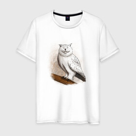 Мужская футболка хлопок с принтом Кот сова нарисованная в Екатеринбурге, 100% хлопок | прямой крой, круглый вырез горловины, длина до линии бедер, слегка спущенное плечо. | cat | owl | кот | рисунок | сова