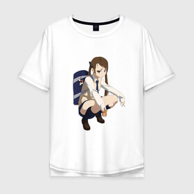 Мужская футболка хлопок Oversize с принтом Аниме школьница гопник в Екатеринбурге, 100% хлопок | свободный крой, круглый ворот, “спинка” длиннее передней части | anime | sempai | грибы | девочка | злая | мем | семпай | сенпай | сидит | сок | хвостики