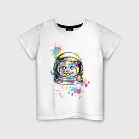 Детская футболка хлопок с принтом Космокот в Екатеринбурге, 100% хлопок | круглый вырез горловины, полуприлегающий силуэт, длина до линии бедер | Тематика изображения на принте: астронавт | вселенная | кляксы | космонавт | космонавтика | космос | краска | полёт | разноцветный | скафандр | шлем