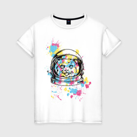 Женская футболка хлопок с принтом Космокот в Екатеринбурге, 100% хлопок | прямой крой, круглый вырез горловины, длина до линии бедер, слегка спущенное плечо | астронавт | вселенная | кляксы | космонавт | космонавтика | космос | краска | полёт | разноцветный | скафандр | шлем