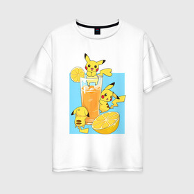 Женская футболка хлопок Oversize с принтом Пикачу в лимонаде в Екатеринбурге, 100% хлопок | свободный крой, круглый ворот, спущенный рукав, длина до линии бедер
 | anime | picachu | pikachu | аниме | красная шапочка | милый | пика | пикачу | покебол | покемон