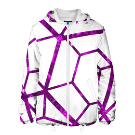 Мужская куртка 3D с принтом Hexagon в Екатеринбурге, ткань верха — 100% полиэстер, подклад — флис | прямой крой, подол и капюшон оформлены резинкой с фиксаторами, два кармана без застежек по бокам, один большой потайной карман на груди. Карман на груди застегивается на липучку | hexagon | lines | purple | violet | линии | фиолетовый многоугольник | шестиугольник