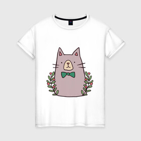 Женская футболка хлопок с принтом торжественный кот в Екатеринбурге, 100% хлопок | прямой крой, круглый вырез горловины, длина до линии бедер, слегка спущенное плечо | акварель | бабочка | бантик | галстук | животные | звери | кот | котейка | рисунок | торжественный