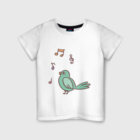 Детская футболка хлопок с принтом птичка зеленая поет в Екатеринбурге, 100% хлопок | круглый вырез горловины, полуприлегающий силуэт, длина до линии бедер | весна | зеленый птенчик | мелодия | музыка | ноты | оратор | певец | певица | пение | песня | птенец | птица | птичка | птичужка | радость | рисунок | чив | чирик