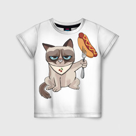 Детская футболка 3D с принтом Злобный котяу в Екатеринбурге, 100% гипоаллергенный полиэфир | прямой крой, круглый вырез горловины, длина до линии бедер, чуть спущенное плечо, ткань немного тянется | Тематика изображения на принте: вилка | голодный кот | еда | злобный кот | сосиска | фастфуд | хот дог