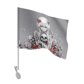 Флаг для автомобиля с принтом Девушка с черепом в Екатеринбурге, 100% полиэстер | Размер: 30*21 см | девушка | демон | кости | красные цветы | с рогами | череп