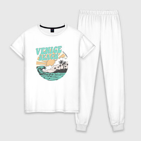 Женская пижама хлопок с принтом VENICE BEACH в Екатеринбурге, 100% хлопок | брюки и футболка прямого кроя, без карманов, на брюках мягкая резинка на поясе и по низу штанин | Тематика изображения на принте: venice | восход | закат | море | небо | отдых | пальмы | пляж | природа | солнце