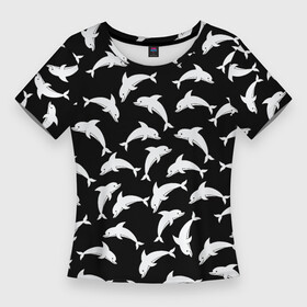 Женская футболка 3D Slim с принтом Дельфиновый фон  Dolphin в Екатеринбурге,  |  | dolphin | дельфин | дельфиновый фон | дельфины | косатка | морской житель | пляжная