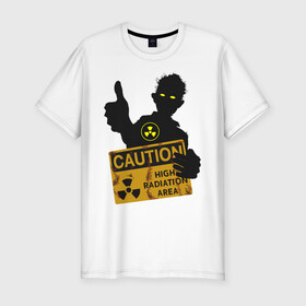 Мужская футболка хлопок Slim с принтом зомби с табличкой в Екатеринбурге, 92% хлопок, 8% лайкра | приталенный силуэт, круглый вырез ворота, длина до линии бедра, короткий рукав | зомби | лайк зомби | предупреждение | радиация | экология