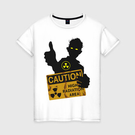 Женская футболка хлопок с принтом зомби с табличкой в Екатеринбурге, 100% хлопок | прямой крой, круглый вырез горловины, длина до линии бедер, слегка спущенное плечо | зомби | лайк зомби | предупреждение | радиация | экология