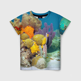 Детская футболка 3D с принтом Морской мир в Екатеринбурге, 100% гипоаллергенный полиэфир | прямой крой, круглый вырез горловины, длина до линии бедер, чуть спущенное плечо, ткань немного тянется | вода | море | морская вода | морские животные | морские жители | морской мир | океан | рыбки | рыбы