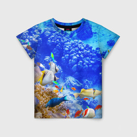 Детская футболка 3D с принтом Морской мир в Екатеринбурге, 100% гипоаллергенный полиэфир | прямой крой, круглый вырез горловины, длина до линии бедер, чуть спущенное плечо, ткань немного тянется | вода | море | морская вода | морские животные | морские жители | морской мир | океан | рыбки | рыбы
