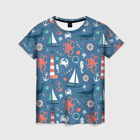 Женская футболка 3D с принтом Морские жители в Екатеринбурге, 100% полиэфир ( синтетическое хлопкоподобное полотно) | прямой крой, круглый вырез горловины, длина до линии бедер | маяк | море | морские жители | паттерны | штурвал | яхта