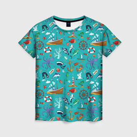 Женская футболка 3D с принтом Морские обитатели в Екатеринбурге, 100% полиэфир ( синтетическое хлопкоподобное полотно) | прямой крой, круглый вырез горловины, длина до линии бедер | корабль | море | морские обитатели | осьминоги | пальмы | паттерны | рыбы | чайки | якорь | яхты