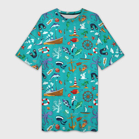 Платье-футболка 3D с принтом Морские обитатели в Екатеринбурге,  |  | корабль | море | морские обитатели | осьминоги | пальмы | паттерны | рыбы | чайки | якорь | яхты