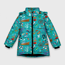 Зимняя куртка для девочек 3D с принтом Морские обитатели в Екатеринбурге, ткань верха — 100% полиэстер; подклад — 100% полиэстер, утеплитель — 100% полиэстер. | длина ниже бедра, удлиненная спинка, воротник стойка и отстегивающийся капюшон. Есть боковые карманы с листочкой на кнопках, утяжки по низу изделия и внутренний карман на молнии. 

Предусмотрены светоотражающий принт на спинке, радужный светоотражающий элемент на пуллере молнии и на резинке для утяжки. | корабль | море | морские обитатели | осьминоги | пальмы | паттерны | рыбы | чайки | якорь | яхты