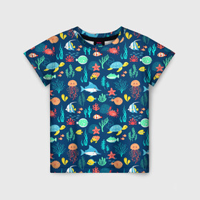 Детская футболка 3D с принтом Морские жители в Екатеринбурге, 100% гипоаллергенный полиэфир | прямой крой, круглый вырез горловины, длина до линии бедер, чуть спущенное плечо, ткань немного тянется | водоросли | звезды | кораллы | крабы | медузы | море | паттерны | рыбы | черепахи