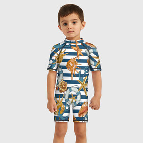 Детский купальный костюм 3D с принтом Тельняшка в Екатеринбурге, Полиэстер 85%, Спандекс 15% | застежка на молнии на спине | звезды | море | морские | паттерны | ракушки | рапаны | тельняшка | якоря
