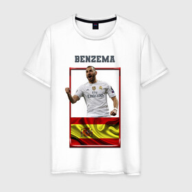 Мужская футболка хлопок с принтом Карим Бензема (Реал Мадрид) в Екатеринбурге, 100% хлопок | прямой крой, круглый вырез горловины, длина до линии бедер, слегка спущенное плечо. | karim benzema | карим бензема | реал мадрид | флаг испании | футболист | футбольная форма
