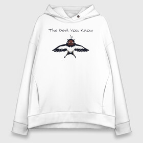 Женское худи Oversize хлопок с принтом The Devil You Know в Екатеринбурге, френч-терри — 70% хлопок, 30% полиэстер. Мягкий теплый начес внутри —100% хлопок | боковые карманы, эластичные манжеты и нижняя кромка, капюшон на магнитной кнопке | Тематика изображения на принте: asta | black bulls | black clover | quartet knights | yuno | акума | аниме | аста | блэк кловер | буракку куро:ба | демон | королевство клевера | король магов | лихт | магна | манга | пятилистник | черный бык | чёрный клев