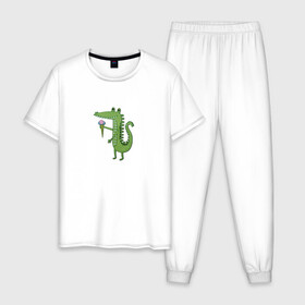 Мужская пижама хлопок с принтом Крокодильчик с мороженным в Екатеринбурге, 100% хлопок | брюки и футболка прямого кроя, без карманов, на брюках мягкая резинка на поясе и по низу штанин
 | детский | крокодил | крокодильчик | лето | мультфильм | персонаж