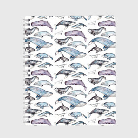 Тетрадь с принтом киты паттерн в Екатеринбурге, 100% бумага | 48 листов, плотность листов — 60 г/м2, плотность картонной обложки — 250 г/м2. Листы скреплены сбоку удобной пружинной спиралью. Уголки страниц и обложки скругленные. Цвет линий — светло-серый
 | Тематика изображения на принте: ocean | sea | sea animal | акварель | графика | касатка | киты | море | океан | рисунок кита