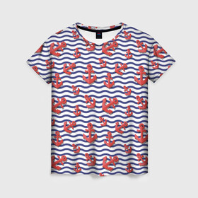Женская футболка 3D с принтом Красные якоря в Екатеринбурге, 100% полиэфир ( синтетическое хлопкоподобное полотно) | прямой крой, круглый вырез горловины, длина до линии бедер | волны | красные | море | паттерны | тельняшка | якоря