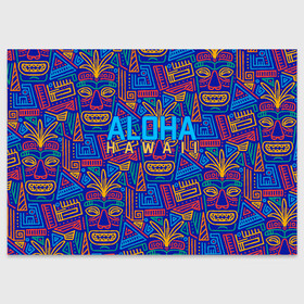 Поздравительная открытка с принтом ALOHA HAWAII | АЛОХА ГАВАЙИ в Екатеринбурге, 100% бумага | плотность бумаги 280 г/м2, матовая, на обратной стороне линовка и место для марки
 | aloha | aloha hawaii | hawaii | гаваи | гавайи | гавайские маски | индийские маски | маска тики | маски | маски тики | надпись | пальмы | синий | тики