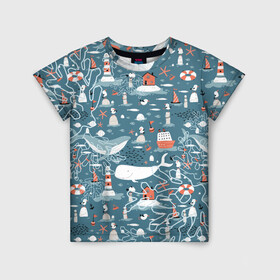 Детская футболка 3D с принтом Море и его жители в Екатеринбурге, 100% гипоаллергенный полиэфир | прямой крой, круглый вырез горловины, длина до линии бедер, чуть спущенное плечо, ткань немного тянется | киты | кораллы | маяк | море | морская тема | морские символы | паттерн | чайка