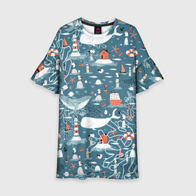 Детское платье 3D с принтом Море и его жители в Екатеринбурге, 100% полиэстер | прямой силуэт, чуть расширенный к низу. Круглая горловина, на рукавах — воланы | Тематика изображения на принте: киты | кораллы | маяк | море | морская тема | морские символы | паттерн | чайка