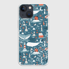 Чехол для iPhone 13 mini с принтом Море и его жители в Екатеринбурге,  |  | киты | кораллы | маяк | море | морская тема | морские символы | паттерн | чайка