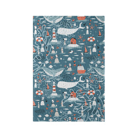 Обложка для паспорта матовая кожа с принтом Море и его жители в Екатеринбурге, натуральная матовая кожа | размер 19,3 х 13,7 см; прозрачные пластиковые крепления | Тематика изображения на принте: киты | кораллы | маяк | море | морская тема | морские символы | паттерн | чайка