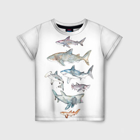 Детская футболка 3D с принтом акулы в Екатеринбурге, 100% гипоаллергенный полиэфир | прямой крой, круглый вырез горловины, длина до линии бедер, чуть спущенное плечо, ткань немного тянется | ocean | sea | sea animal | акварель | акула | море | океан | рисунок