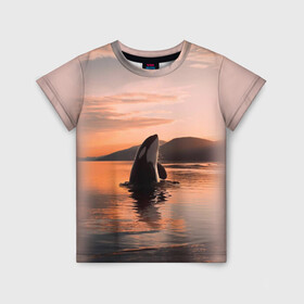 Детская футболка 3D с принтом касатки на закате в Екатеринбурге, 100% гипоаллергенный полиэфир | прямой крой, круглый вырез горловины, длина до линии бедер, чуть спущенное плечо, ткань немного тянется | Тематика изображения на принте: ocean | orca | sea | sea animal | дельфин | закат | касатка | кит | море | океан | рисунок кита